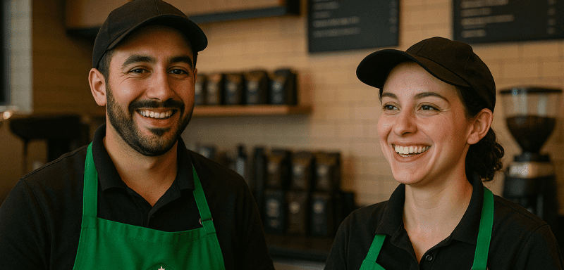 Empleados sonrientes de Starbucks.
