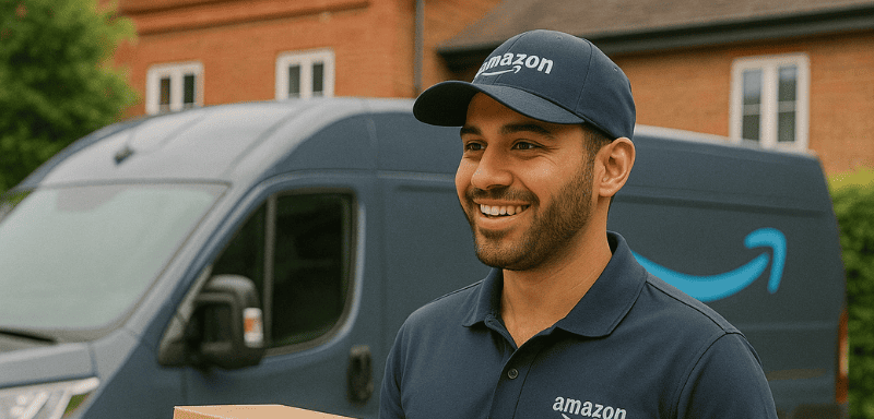 Empleado de Amazon haciendo una entrega.