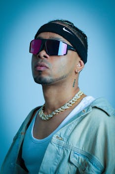 A modern portrait of a stylish music artist wearing sunglasses and a chain, exuding urban vibes.