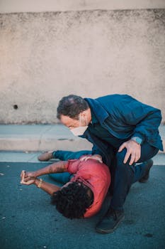A paramedic assists an injured man lying on a city roadside.
