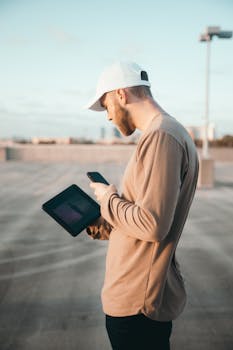 Casual young man using smartphone and tablet outdoors on a sunny day.