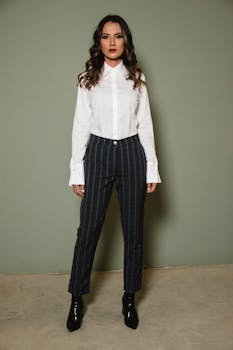 Confident young woman in a stylish striped pantsuit posing against a neutral background.